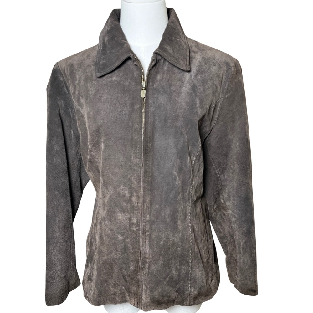 Brown‎ Suede Leather Zip Jacket Collared 90s Minimalist Relativity Women M